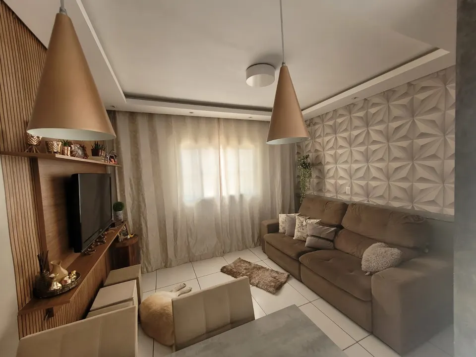 Sala de estar com sofá e parede em 3D